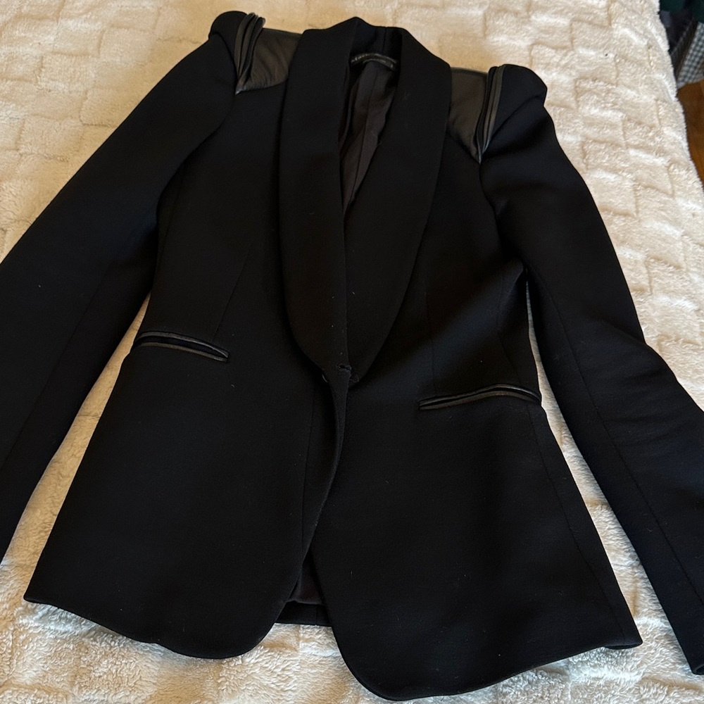 U—Chic Black Women's Blazer with Unique leather Shoulder Detail